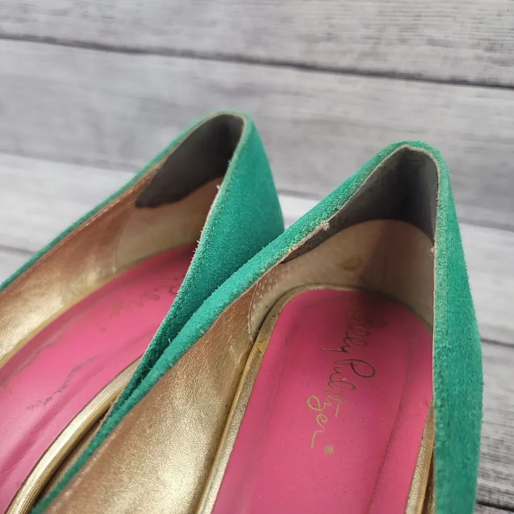 Lilly Pulitzer Resort Chic Jewel Green Suede Wedge Peep-toe Shoes Women's 6.5
